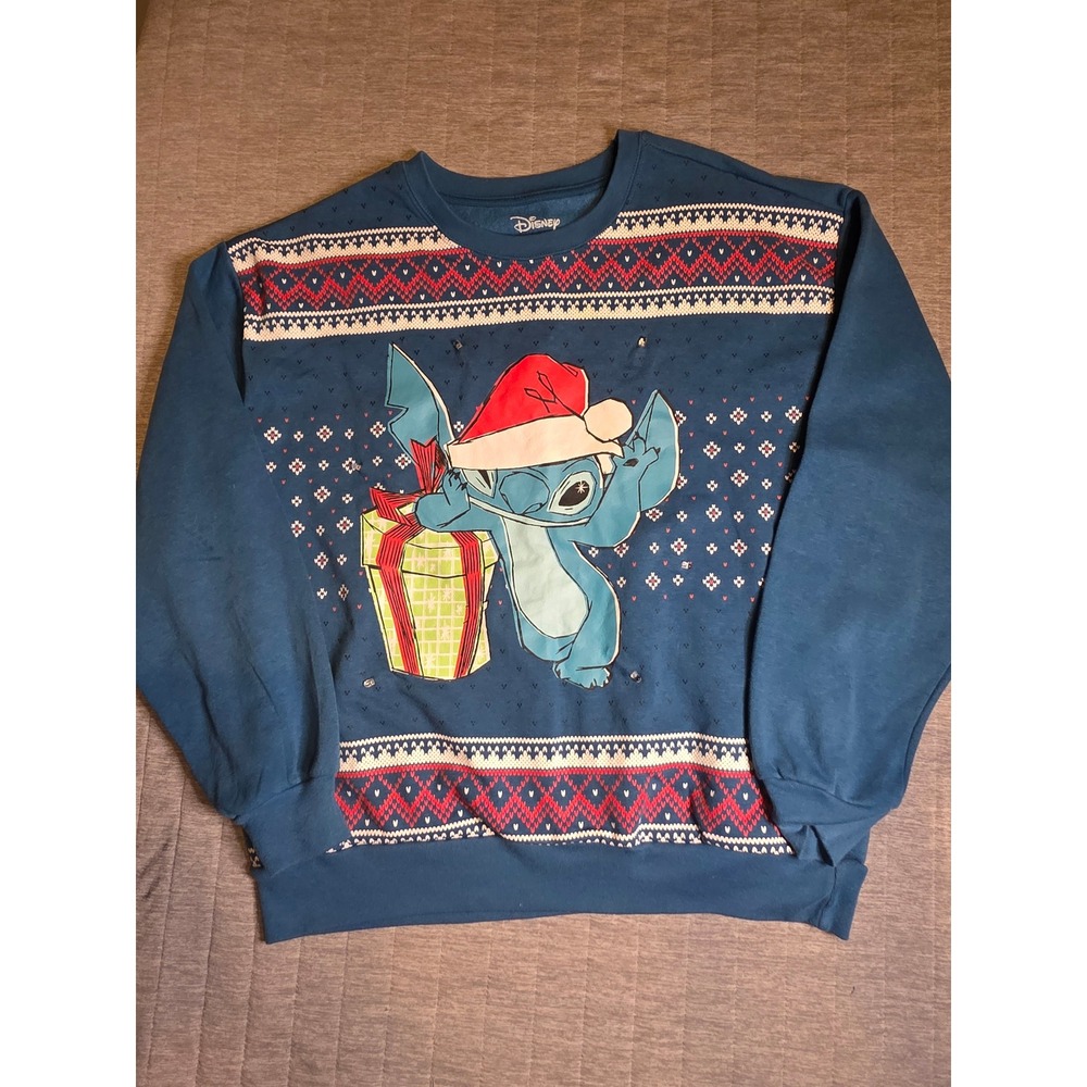 1396 Disney Lilo & Stitch Christmas Fair Isle Sweatshirt Teal Blue Medium